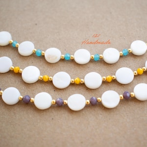 Mother of Pearl Necklace: Glass Crystals, Gold Beads, Adjustable Length