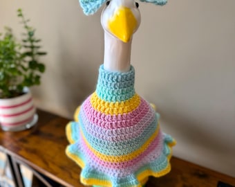 Handmade Crochet Pastel Rainbow Ruffle Dress and Hairbow for 17 inch Porch Goose