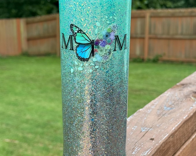 Mom Butterfly Glitter 20oz Skinny Epoxy Tumbler
