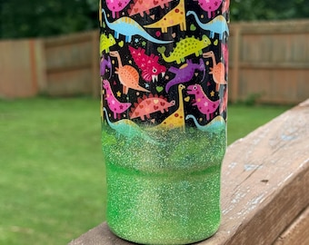 Dinosaurs 16oz Neon Green Glitter Ombre Glass Epoxy Tumbler