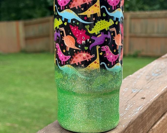 Dinosaurs 16oz Neon Green Glitter Ombre Glass Epoxy Tumbler