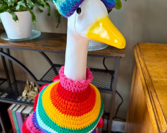 Handmade Crochet Rainbow Ruffle Dress and Hairbow for 23 inch Porch Goose