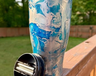 Silver and Blue Swirl 30oz Strawbler Epoxy Tumbler