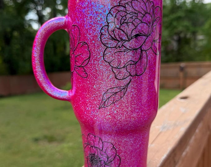 Bright Plum Floral Glitter 24oz Travel Mug Epoxy Tumbler