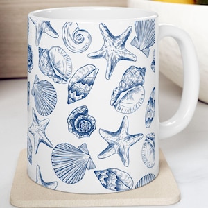 Seashell Mug with Blue Starfish Design Ocean Beach Coffee Cup for Sea Animal & Beach Lovers Gift Seashell Cup Summer Mug