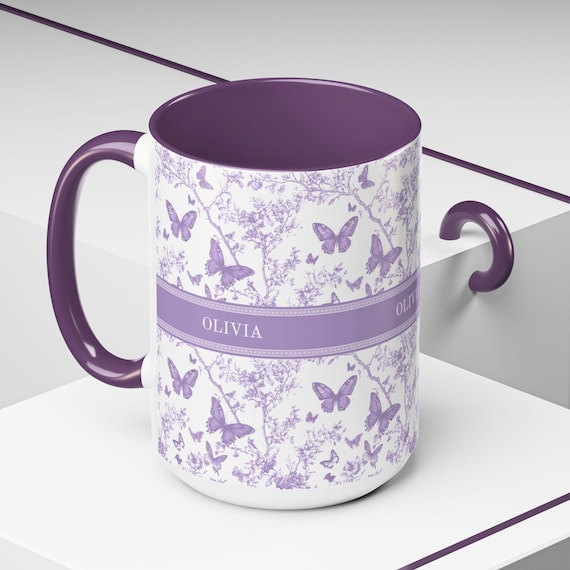 Personalized Name Mug, Lavender Purple Toile Design, Elegant Gift for Her, Butterfly Mug, Bridal Party Favor, Coquette Bridesmaid Gift