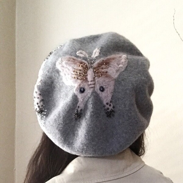 GOTHIC MOTH beret - felt beret with beaded moths - woodland -tomokotahara