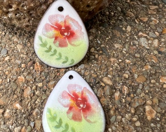 ENAMEL CHARMS, Floral Teardrops Enamel Jewelry Component,  Artisan Enamel, Enameled Jewelry, Copper Enamel, Handmade Enamel, Artisan Enamel