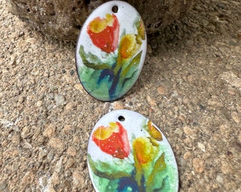 ENAMELED CHARMS, Tulip Ovals,  Artisan Enamel, Enameled Jewelry, Copper Enamel, Handmade Enamel, Artisan Enamel