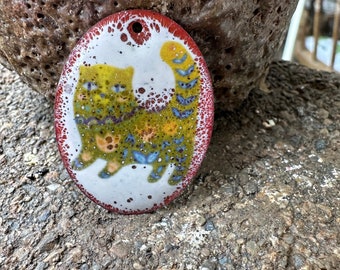 ENAMELED CHARMS, Cat Pendant,  Artisan Enamel, Enameled Jewelry, Copper Enamel, Handmade Enamel, Artisan Enamel