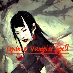 Może przedstawiać: Cyfrowy obraz kobiety z długimi czarnymi włosami i czerwonymi oczami. Ma na sobie czerwoną i czarną kimonę i ma białą maskę na twarzy. Tekst "Japanese Vampire Spell" jest napisany czerwonymi literami na dole obrazu.