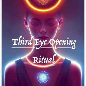 May include: A woman with her eyes closed, a glowing orange halo above her head, and a glowing blue teardrop pendant around her neck. The text "Third Eye Opening Ritual" is written in white below her head.