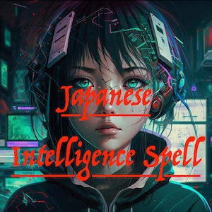 Puede incluir: Una ilustración digital de una joven con ojos azules y cabello negro que lleva auriculares. El texto "Japanese Intelligence Spell" está escrito en rojo sobre la imagen.