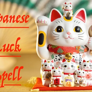 May include: A white ceramic Maneki-Neko, or Japanese lucky cat, with raised paw, holding a gold coin. The cat is wearing a red and gold patterned sash and has a bell around its neck. The cat is surrounded by smaller, similar cats, all with different poses and colors.
