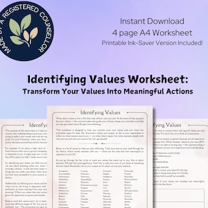 May include: A printable worksheet titled "Identifying Values Worksheet: Transform Your Values Into Meaningful Actions". The worksheet is designed to help you uncover your core values and turn them into meaningful actions. It features a list of values such as "Accountability", "Adventure", "Authenticity", "Balance", "Beauty", "Bravery", "Calm", "Charity", "Cleanliness", "Compassion", "Confidence", "Creativity", "Dependability", "Determination", "Education", "Empathy", "Enthusiasm", "Equality", "Fairness", "Faith", "Family", "Forgiveness", "Freedom", "Friendship", "Fun", "Generosity", "Gratitude", "Growth", "Happiness", "Health", "Honesty", "Humor", "Imagination", "Independence", "Integrity", "Intelligence", "Justice", "Kindness", "Knowledge", "Leadership", "Liberty", "Love", "Loyalty", "Meaning", "Moderation", "Motivation", "Nature", "Optimism", "Peace", "Patience", "Passion", "Persistence", "Positivity", "Purpose", "Respect", "Responsibility", "Romance", "Self-Acceptance", "Self-Care", "Self-Discipline", "Self-Esteem", "Self-Love", "Service", "Simplicity", "Spirituality", "Strength", "Success", "Trust", "Truth", "Understanding", "Unity", "Wisdom", and "Work Ethic".