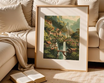 May include: A framed art print depicting a village nestled in a lush, mountainous landscape. The artwork features waterfalls, bridges, and buildings with red-tiled roofs, all rendered in warm, earthy tones. The print is displayed on a beige sofa.