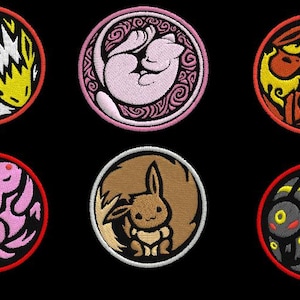 May include: Embroidered patches featuring various cartoon characters in circular designs. Each patch has a different character in yellow, pink, orange, brown, and gray, with a red border. The patches are on a black background.