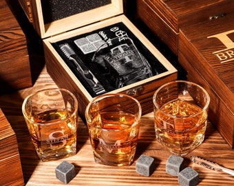 Personalized Whiskey Glasses Set with Wooden Box, Groomsmen Gifts, Best Man Gift, Father Gifts, Boyfriend Gift, Bachelor Party Gifts for Men
