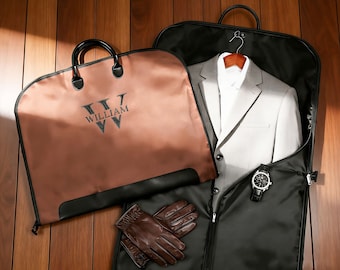 Embroidered Oxford Cloth Suit Bag, Leather Handle Garment Bag, Gift for Groomsmen, Father of Groom, Groomsmen Gift Custom Name Suit Bag