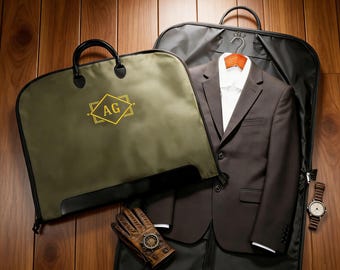 Embroidered Oxford Cloth Suit Bag, Leather Handle Garment Bag, Gift for Groomsmen, Father of Groom, Groomsmen Gift Custom Name Suit Bag