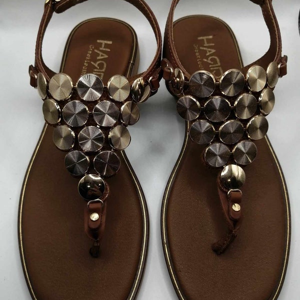 Greek leather sandals, genuine leather. Handmade. With non-slip sole and gold metal decorations.