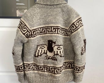 Chaqueta vintage de punto a mano de lana Cowichan Siwash, cárdigan Thunderbird Talon con cremallera completa, talla XL