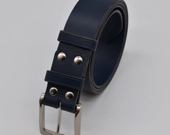 Cintura Blu Navy Larga 40 mm in pelle conciata al vegetale. Prodotto artigianale realizzato in Francia.