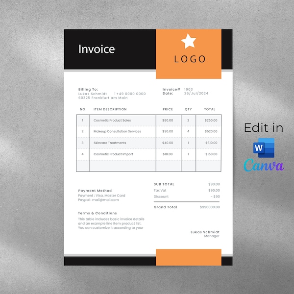 Invoice Template Word and Canva, Customizable, Printable, Professional Invoice Template, Word Invoice, Canva Invoice
