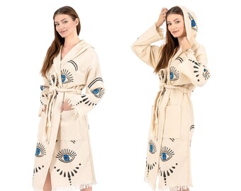 Handmade Hooded Evil Eye Boho Festival Kimono, Evil Eye Robe, Cover Up, Beacwear Drassing Gown, Cotton Cardigan For Spa, Gym, Pool, Beach