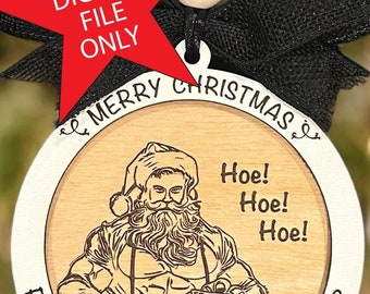 May include: A round wooden Christmas ornament with a white border. The ornament features a cartoon image of Santa Claus holding a bag of gifts. The text "Merry Christmas" and "Hoe! Hoe! Hoe!" are printed on the ornament. The text "Ready for some big Nick energy?" is printed on the bottom of the ornament.