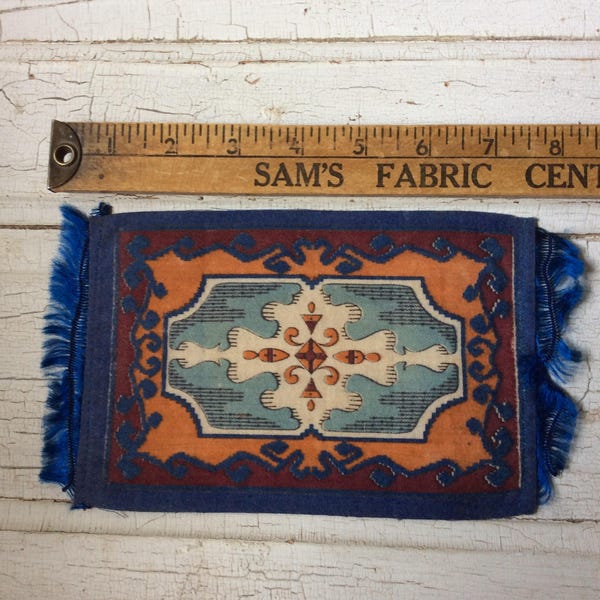 vintage cigar felt,collectible felt,dollhouse rug,cigar flannel,cigar premium,americana tobacciana,tiny rug,small rug,blue and orange