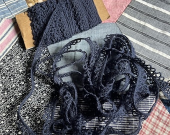 Vintage Navy Blue Cotton Lace Trim,  4 Yards, 1/2" Wide