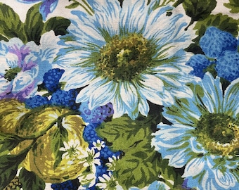 Heavy Vintage Cotton Fabric, Blue and Purple Flowers