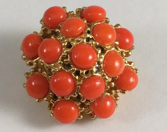 Orange Button, Bright Orange Glass Stones Accented with Gold, Heavy Metal, Statement Button, 13/16" in Diameter