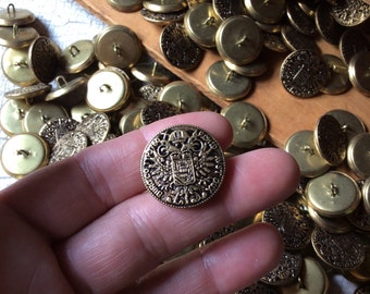 Metal GoldTone Buttons with Recessed Black Background, Set of 8, Seventies Buttons with Brass Look, 7/8" in Diameter