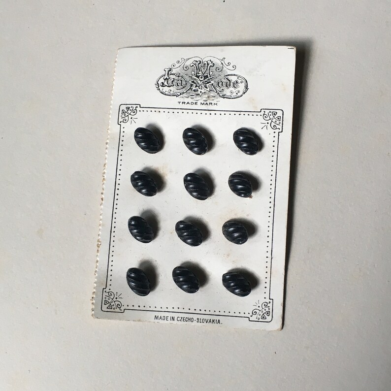 Small Black Glass Vintage Buttons 716 x 516 Made in Czecho-Slovakia Self Shank Doll Buttons Set of 12
