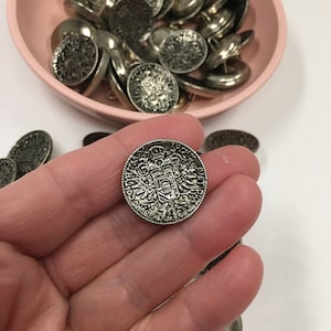 Silver and Black Metal Uniform Button with Wire Shank and Eagle and Crest Design, Set of 6, Just over 7/8&quot; in Diameter