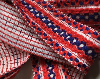 Vintage Cotton Braid Trim, Red, White and Blue  1 Yard Long, 1 3/4" Wide,