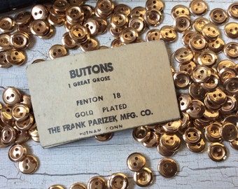 Small Vintage Gold Plated Buttons, Set of 12, Shiny Gold, Made in USA, Frank Parizek MFG Co., NOS, Just Under 1/2" Diameter