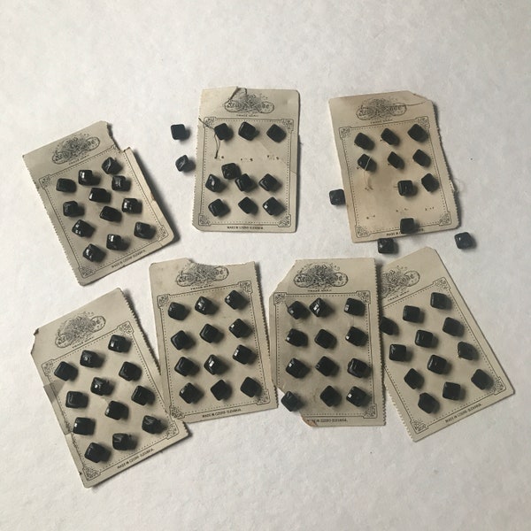 Small Square Black Glass Vintage Buttons, ONE Set of 12 , "La Mode",  5/16" x  5/16" Made in Czecho-Slovakia