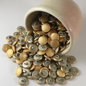 Vintage Pressed Gold Metal Buttons with Woven Basket Design, Set of 20, Faux Brass Self Shank Sweater Buttons, 5/8&quot; in Diameter