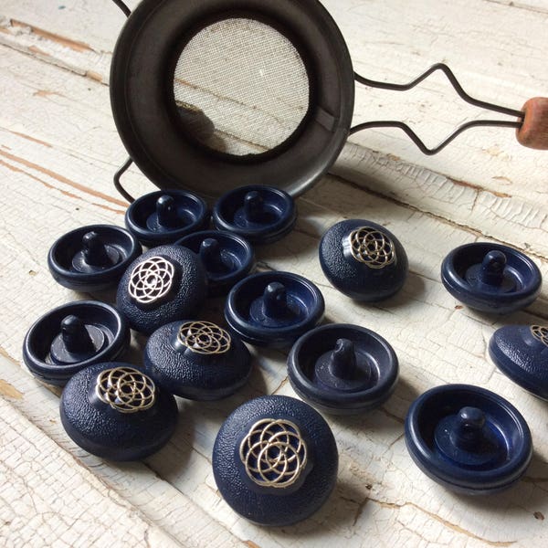 Geometric Blue and Silver Button, Set of 8, Funky Vintage Seventies, Coat. Sweater or Jacket buttons, Nearly 1" in Diameter