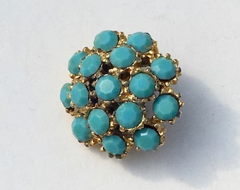 Turquoise Colored Glass Stones Accented with Gold, Heavy Metal, Statement Button, 13/16" in Diameter