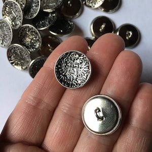 Small Silver and Black Metal Uniform Button, Eagle and Crest, Set of 12, 3/4&quot; in Diameter