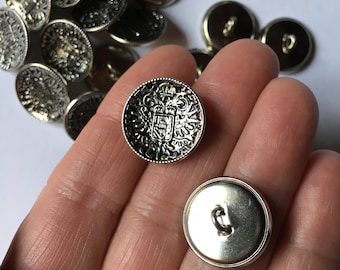 Small Silver and Black Metal Uniform Button, Eagle and Crest, Set of 12, 3/4" in Diameter