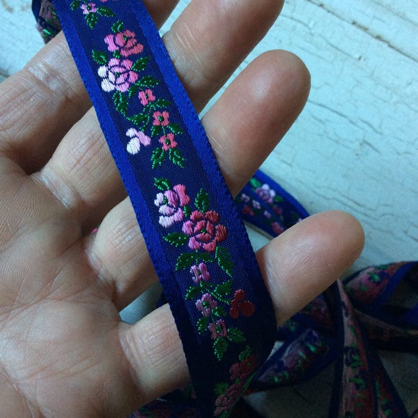 Blue Flowered Ribbon is Shiny and Soft, 3 yards, Royal Blue, Red and Pink Flowers, Vintage Trim, New Old Stock, 3/4"  Wide