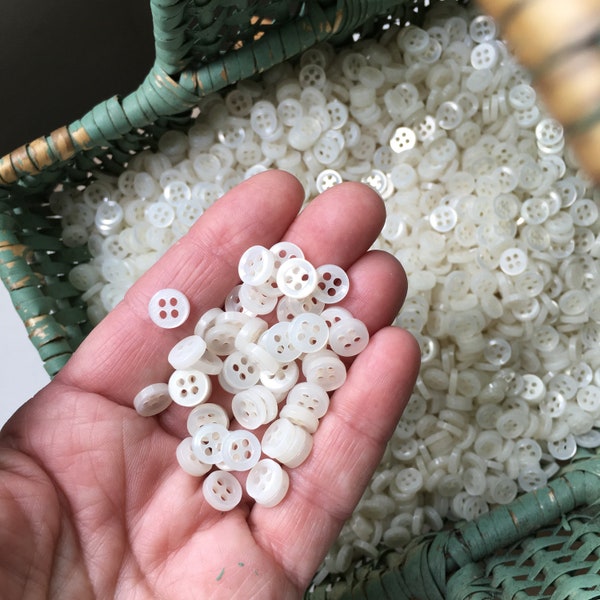 Small Shiny White Vintage Buttons, 5/16" in Diameter, Lot of 60, Idea for 18" Doll Clothes, 4 Sew Through Holes