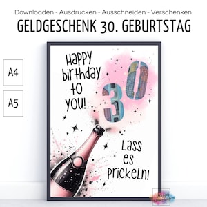 Cadeau en espèces pour 30e anniversaire, donner de l'argent carte de vœux amusante 1995, 20 trente 40 50 60 ans, téléchargement PDF à imprimer