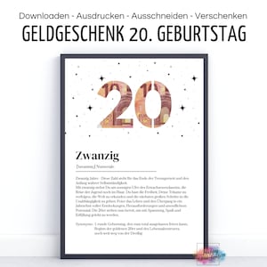 Regalo in denaro per il 20° compleanno, biglietto di auguri, definizione, 20 anni, venti, download PDF per la stampa