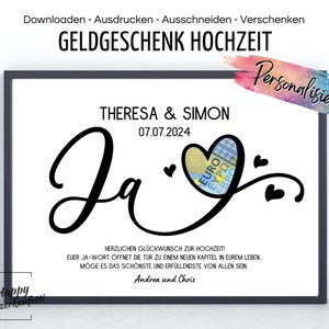 Cadeau d’argent « OUI » pour le mariage, carte personnalisée, carte de félicitations, affiche, cadeau de mariage, téléchargement PDF, impression, argent